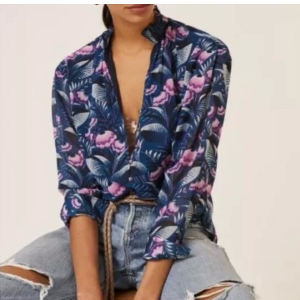 Anthropologie Tavi Navy and Pink Floral Button blouse